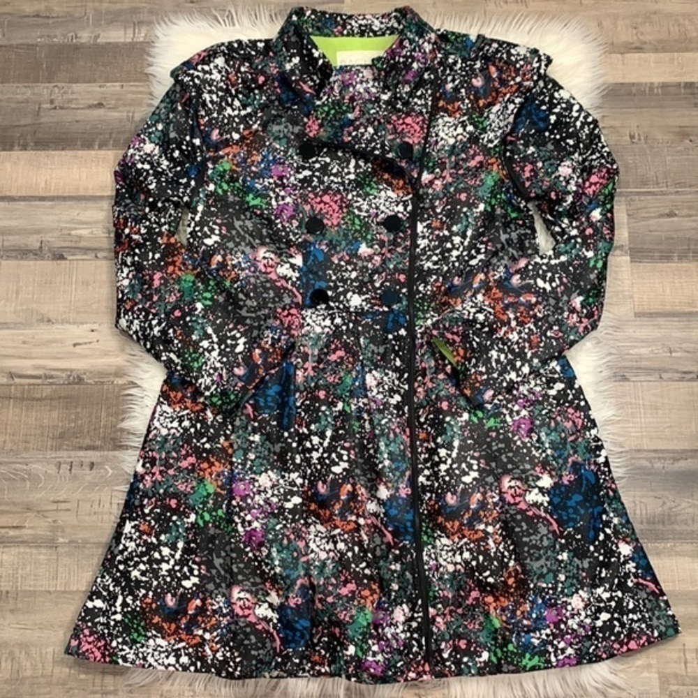 Rachel Roy double breasted zip pleated trench coat splatter print M - Picture 11 of 11